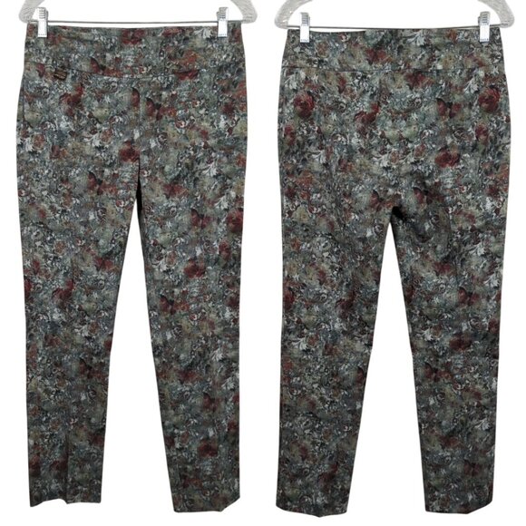 Lisette pull on grayish green burgundy modern art print slim ankle pants size 10 - Picture 1 of 13